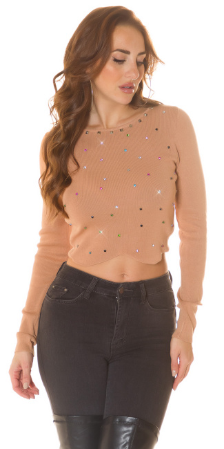 Cropped sweater-trui met colorful glitter studs bruin